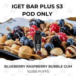 Iget bar plus s3 pod only blueberry raspberry bubble gum10,000 puffs