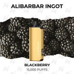 Alibarbar Ingot Blackberry 15000 Puffs gold pod kit in front of ripe blackberries