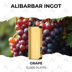 Alibarbar Ingot Grape 15000 Puffs gold pod kit in front of ripe grape bunches