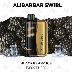 Alibarbar Swirl Blackberry Ice 13000 Puffs gold disposable vape with blackberries and ice cubes