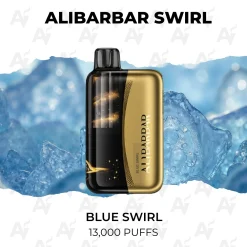 Alibarbar Swirl Blue Swirl 13000 Puffs gold disposable vape against blue ice