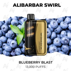 Alibarbar Swirl Blueberry Blast 13000 Puffs gold disposable vape on fresh blueberries and mint leaves