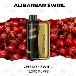 Alibarbar Swirl Cherry Swirl 13000 Puffs gold disposable vape on fresh red cherries