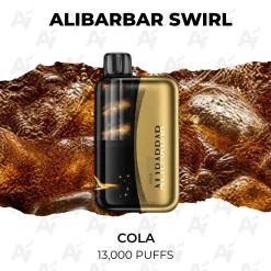 Alibarbar Swirl Cola 13000 Puffs gold disposable vape in front of fizzy cola