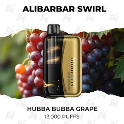Alibarbar Swirl Hubba Bubba Grape 13000 Puffs gold disposable vape with ripe grape bunches