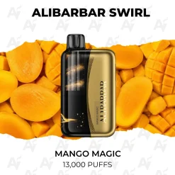 Alibarbar Swirl Mango Magic 13000 Puffs gold disposable vape on sliced ripe mango