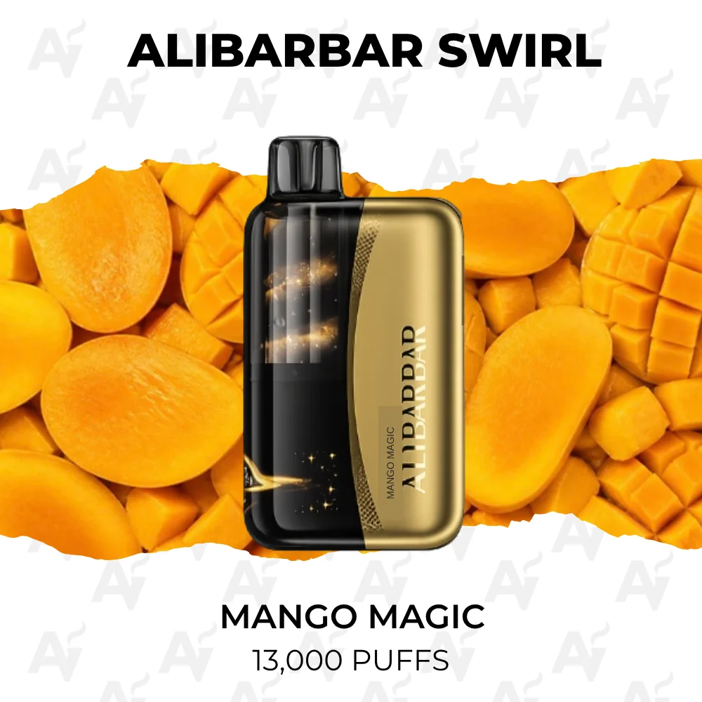 Alibarbar Swirl Mango Magic 13000 Puffs gold disposable vape on sliced ripe mango