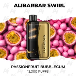 Alibarbar Swirl Passionfruit Bubblegum 13000 Puffs gold disposable vape with passionfruit and pink gumballs