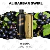 Alibarbar Swirl Ribena 13000 Puffs gold disposable vape with blackcurrants and green leaves