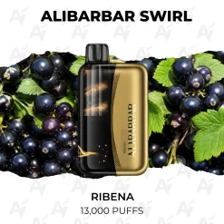 Alibarbar Swirl Ribena 13000 Puffs gold disposable vape with blackcurrants and green leaves