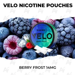 VELO Berry Frost 14mg nicotine pouch can on frosted mixed berries