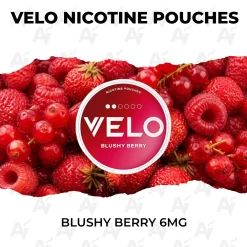 VELO Blushy Berry 6mg nicotine pouch can on raspberries and redcurrants