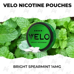 VELO Bright Spearmint 14mg nicotine pouch can on fresh mint leaves