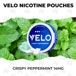 VELO Crispy Peppermint 14mg nicotine pouch can on fresh mint leaves