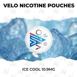 VELO Ice Cool 10.9mg nicotine pouch can on a bed of blue ice
