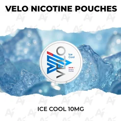VELO Ice Cool 10mg nicotine pouch can on a bed of blue ice