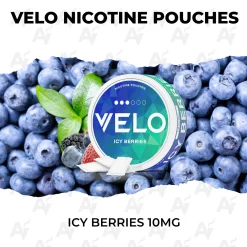 VELO Icy Berries 10mg nicotine pouch can on fresh ripe blueberries
