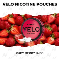 VELO Ruby Berry 14mg nicotine pouch can on fresh ripe strawberries