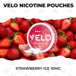 VELO Strawberry Ice 10mg nicotine pouch can on fresh ripe strawberries