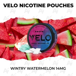 VELO Wintry Watermelon 14mg nicotine pouch can on juicy watermelon slices