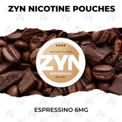 ZYN Espressino 6mg nicotine pouch can on coffee beans and dark chocolate