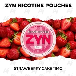 ZYN Strawberry Cake 11mg slim nicotine pouches can with fresh strawberries